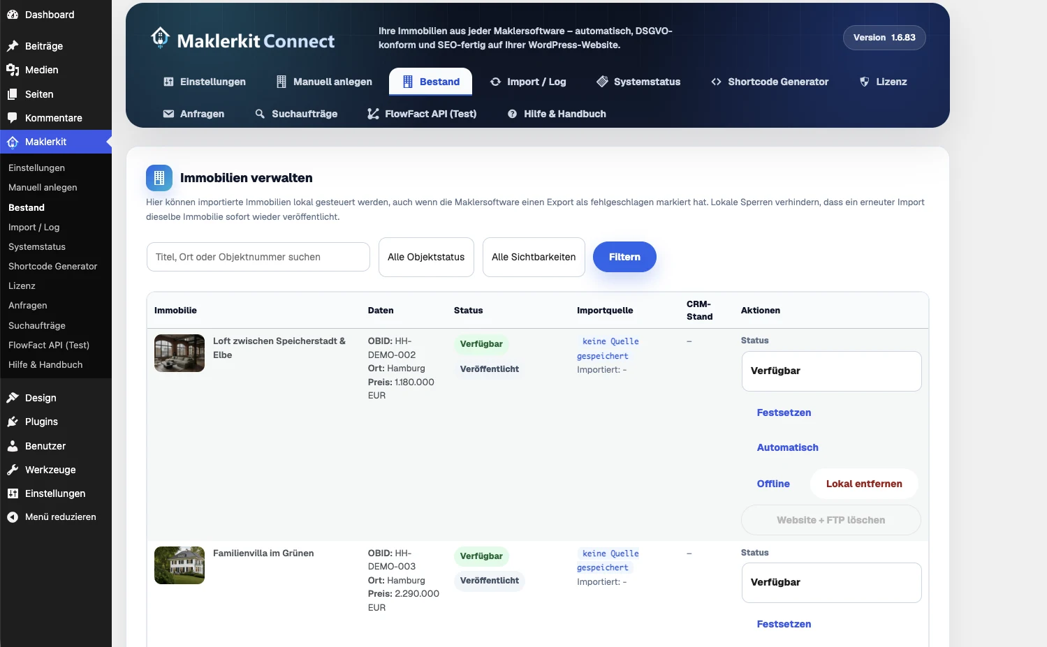 Echte WordPress-Bestandsverwaltung von Maklerkit Connect mit Status und Objektaktionen