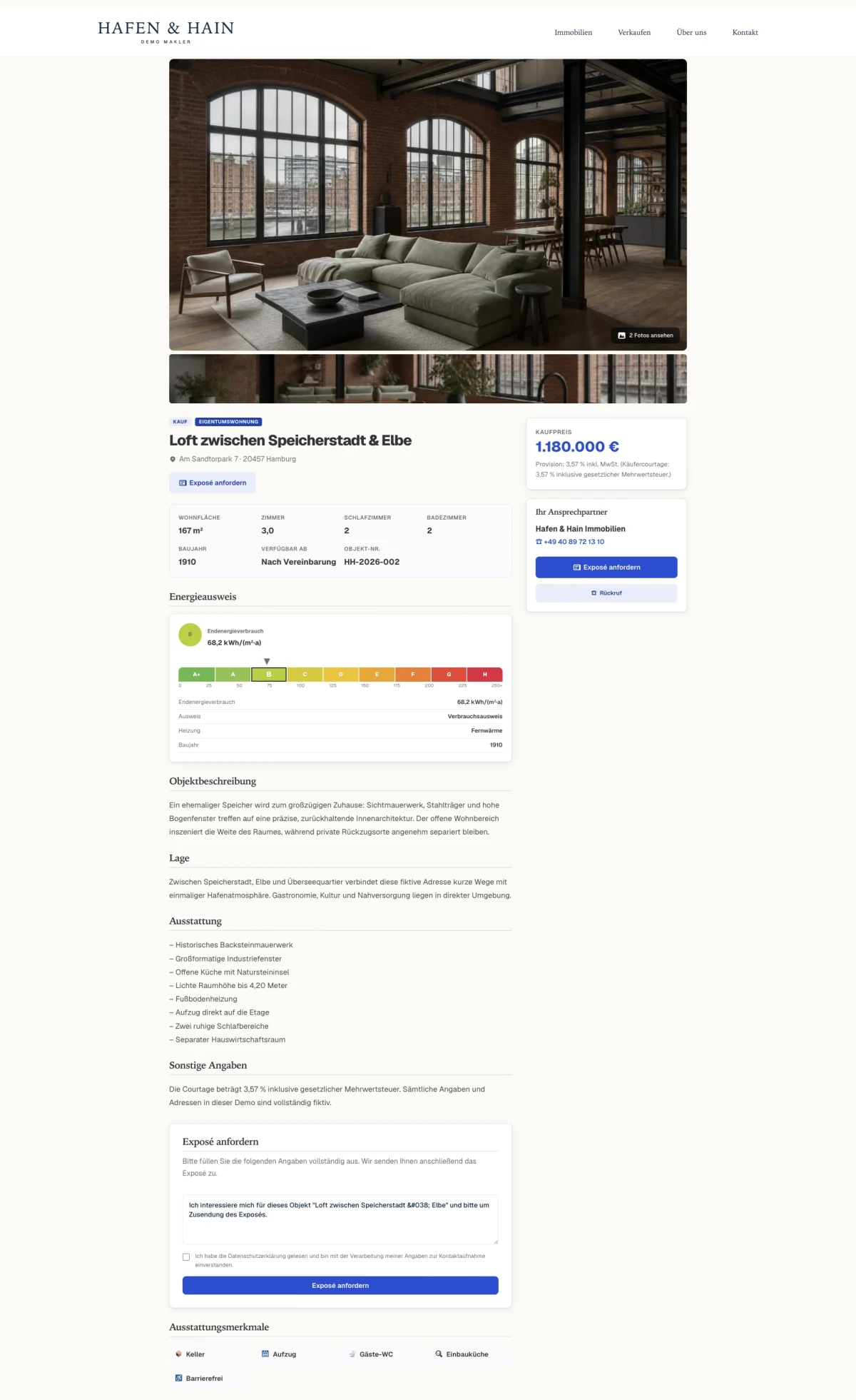 Echte Einzelansicht eines Lofts mit Galerie, Eckdaten, Energieausweis und Anfrageformular