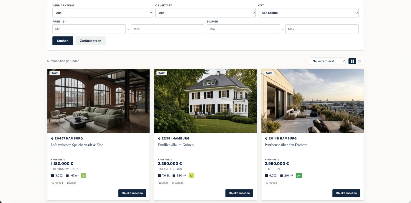 Echte Maklerkit-Connect-Immobilienliste mit Filtern und drei Objektkarten