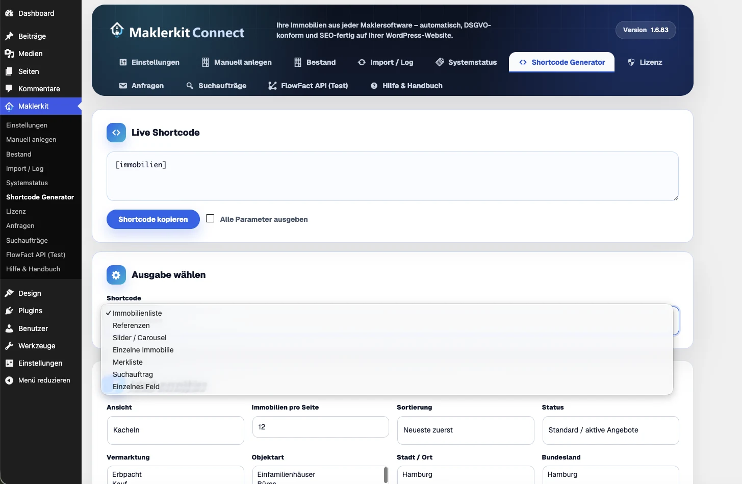 Echter Shortcode-Generator mit Auswahl für Immobilienlisten und Ausgabeparameter